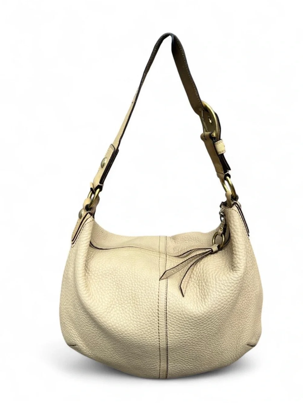 Vintage Coach Cream Leather Hobo Bag with Buckle Charm and Gold Hardware
